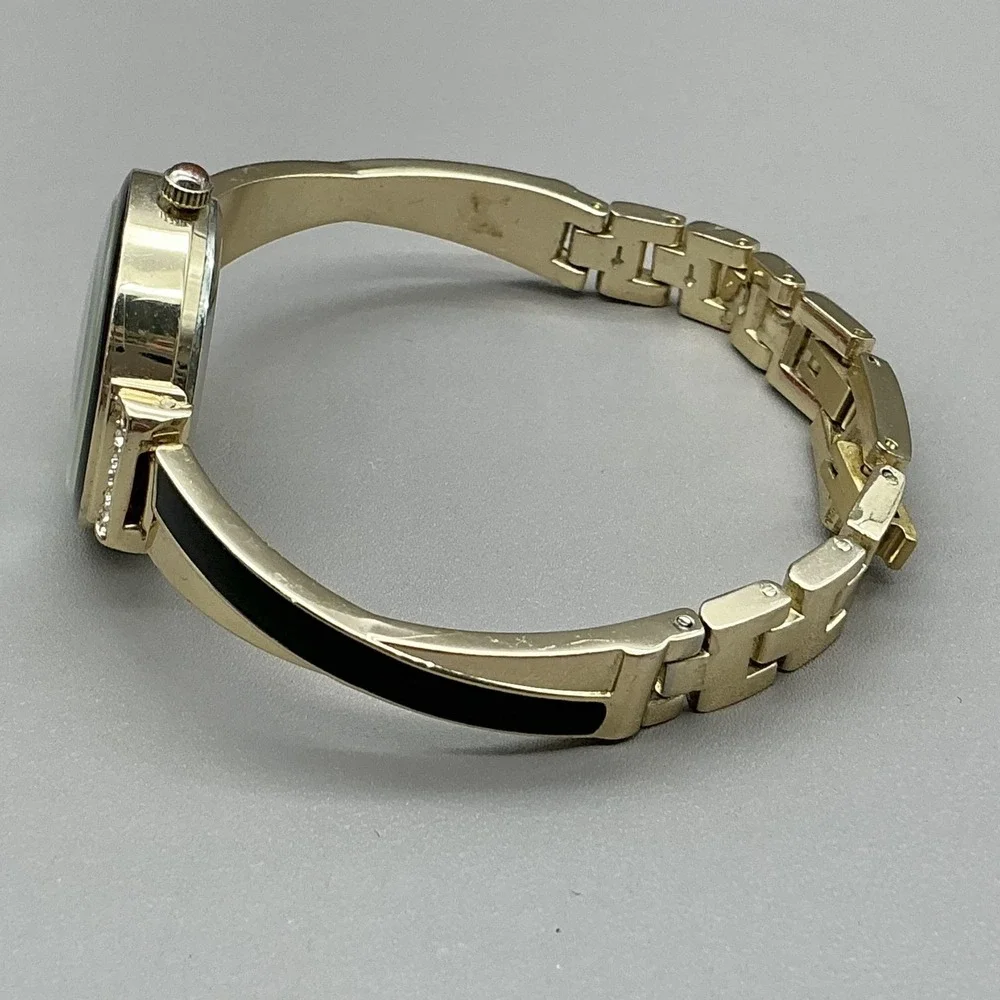 Anne Klein Womens Watch Gold Tone Black Dial Crystal Bangle Bracelet Quartz
